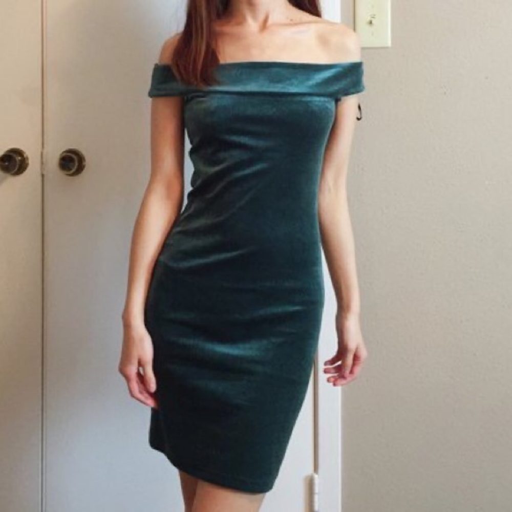 green velvet off the shoulder dress